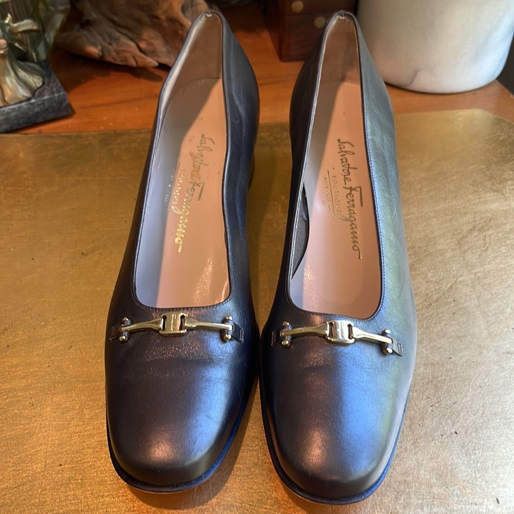 Salvatore Ferragamo Horse-Bit Heels in Pewter Metallic Leather